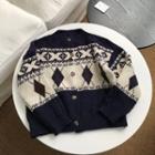 Argyle Jacquard Knit Cardigan Navy Blue - One Size