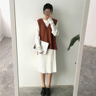 Plain Long V-neck Knit Vest