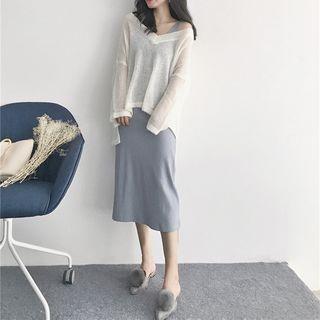 Set: V-neck Long-sleeve Knit Sweater + Sleeveless Dress