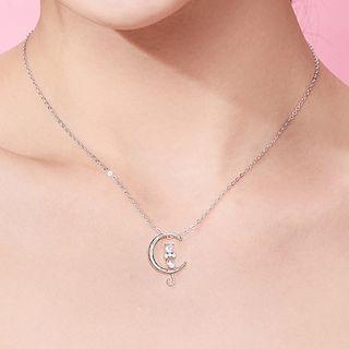 Cat Moon Rhinestone Pendant Alloy Necklace Silver - One Size