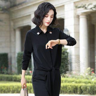 Long-sleeve Front-knot Shirt / Boot-cut Dress Pants / Set