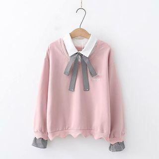Mock Two-piece Plaid Panel Pullover / Sailor Collar Long-sleeve Top