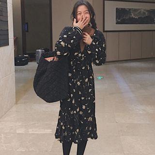 Mock Two Piece Floral Print Long Sleeve Midi Dress