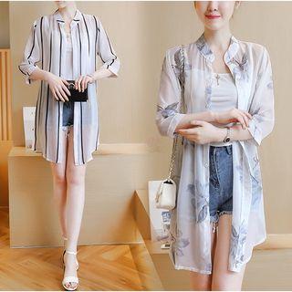 3/4-sleeve Patterned Chiffon Long Shirt