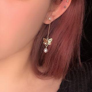 Alloy Butterfly Faux Pearl Dangle Earring 1 Pair - 0673a - Silver Needle Earring - Gold & White - One Size