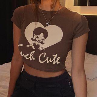 Short Sleeve Cartoon Print Lettering Crop Top