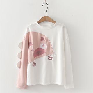 Two-tone Panel Cartoon Long-sleeve T-shirt