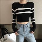 Cropped Striped Long-sleeve Knit Top