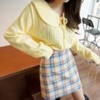 Collared Tie-neck Pointelle-knit Top