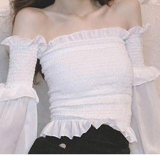 Frilled Trim Ruched Off-shoulder Cropped Top