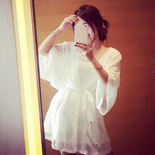 Set: Lace Thin Coat + Spaghetti Strap Mini Dress