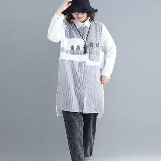 Striped Panel Cat Print Shirt As Shown In Figure - One Size