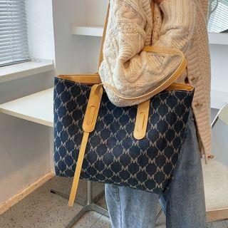 Lettering Faux Leather Canvas Tote Bag