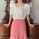 Puff-sleeve Square Neck Cropped Blouse / Polka Dot A-line Midi Skirt