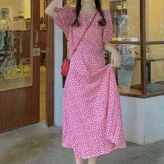 Bell-sleeve Floral Midi Dress Pink - One Size
