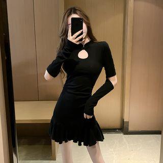 Long-sleeve Cutout Ruffled Slim Fit Dress