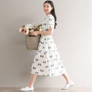 Short-sleeve Bow Printed Beaded Dress