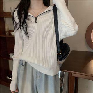 Half-zip Hooded Ribbed Knit Top