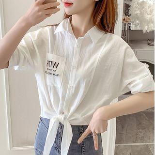 Short-sleeve Lettering Print Tie-waist Shirt