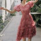 Short-sleeve Floral A-line Midi Tiered Dress