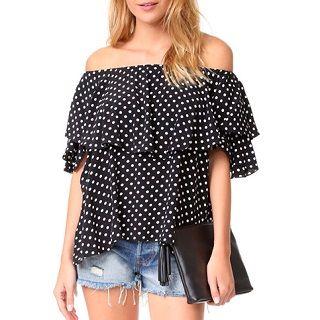 Off-shoulder Ruffled Dotted Top Black - One Size