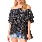 Off-shoulder Ruffled Dotted Top Black - One Size