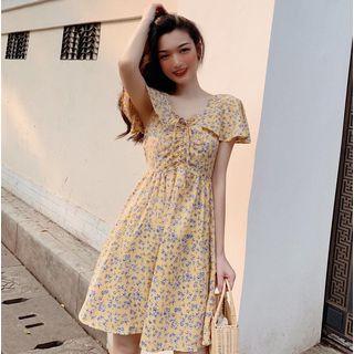 Short-sleeve Floral Drawstring A-line Mini Dress