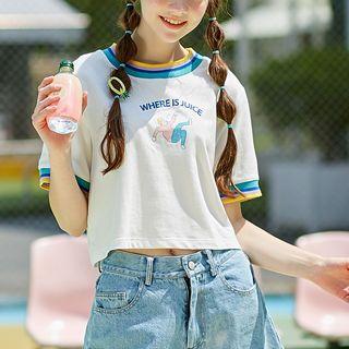 Short-sleeve Cartoon Print Crop T-shirt