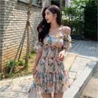 Off-shoulder Floral Print Chiffon Dress Beige - One Size