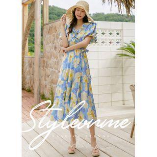 Frilled Floral Tiered Long Wrap Dress