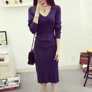 Glittered V-neck Midi Knit Dress