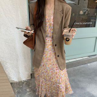 Plaid Blazer / Long-sleeve Floral Print Midi Dress