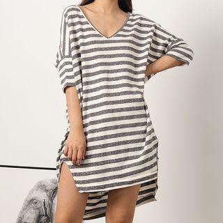 Side-slit Striped Elbow-sleeve T-shirt Dress