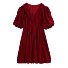 Puff-sleeve Collared Velvet Mini A-line Dress