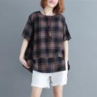 Plaid Round-neck Asymmetrical T Shirt As Shown In Figure - L