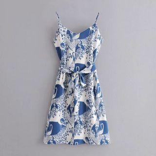 Spaghetti Strap Crane Print Mini A-line Dress