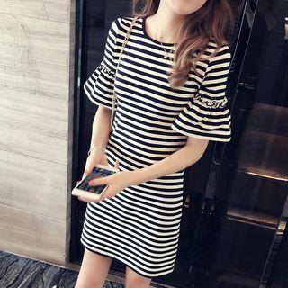Short-sleeve Frill Trim Striped Mini Sheath Dress