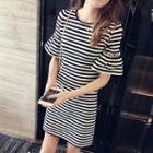 Short-sleeve Frill Trim Striped Mini Sheath Dress