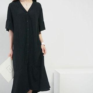V-neck Buttoned Long Dress
