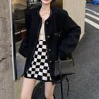 Plain Tweed Jacket / Checkerboard Mini Pencil Skirt