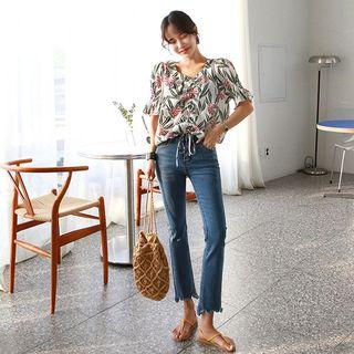 V-neck Drawstring Floral Blouse White - One Size