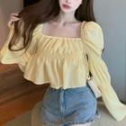 Long-sleeve Square-neck Blouse Yellow - One Size