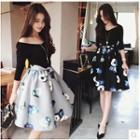 Mock Two-piece 3/4-sleeve Floral Print Dress
