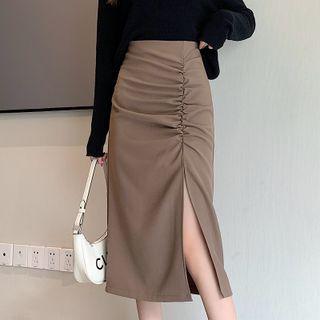 Ruched Slit-hem Midi Pencil Skirt