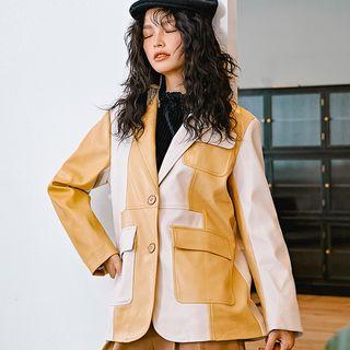Color Block Faux Leather Button Jacket