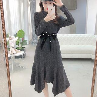 Long-sleeve Mock Neck Ruffle-hem Midi Knit Dress