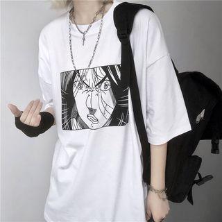 3/4-sleeve Comic Print T-shirt White - One Size