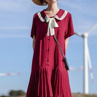 Pleated Hem Short-sleeve Midi Shirt Dress