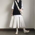 Midi A-line Skirt / Elbow-sleeve Shirt / V-neck Vest