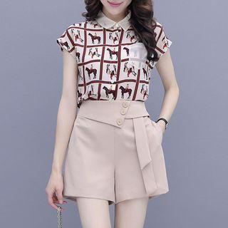 Set: Cap-sleeve Animal Print Chiffon Blouse + Dress Shorts